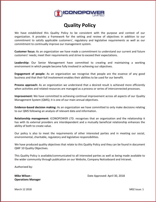 Iconopower Quality Policy